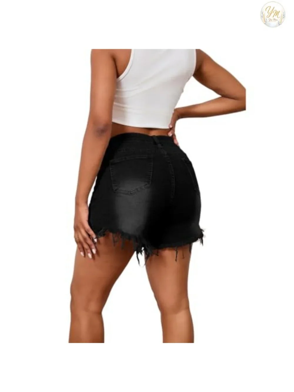 Women's High Waisted Crossover Jean Shorts Ripped Hem Raw Denim